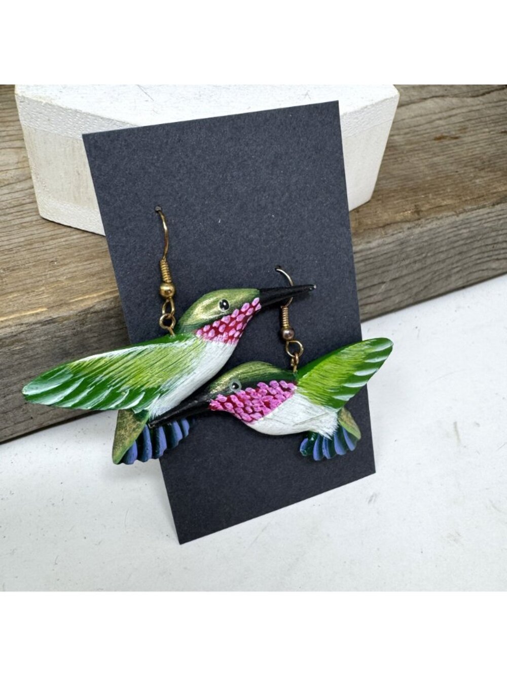 Hummingbird Hand Painted Wood Earrings Pierced French Wires - Picture 3 of 6